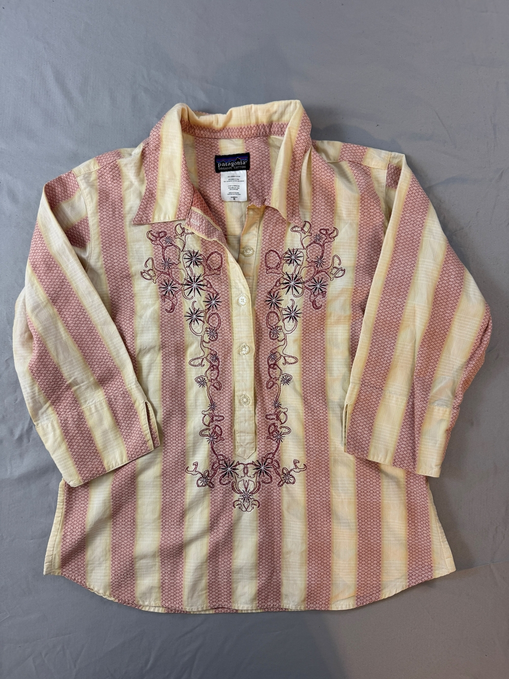 Patagonia Yellow and Pink Striped Embroidered Button-Front Blouse